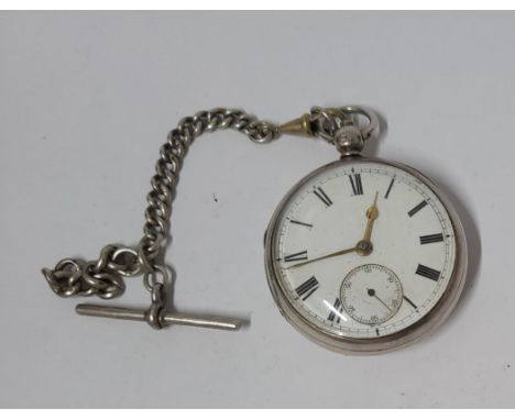 Victorian 1883 london hallmarked silver pocket watch with silver albert chain, along with inscriptions on in the back case 