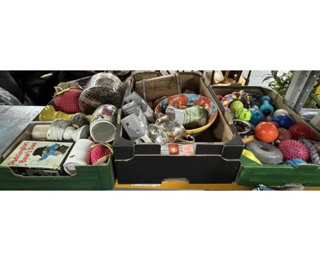 3 Boxes of cermaics and toys including Poole Pottery and candle set 