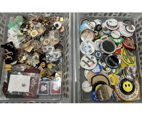 2 Trays of enamel pin badges and hand made crests 