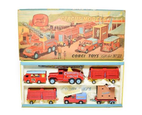 Corgi Chipperfields Circus Gift Set No.23 consisting of Booking office, crane truck, two animal trailers, Land Rover and Elep
