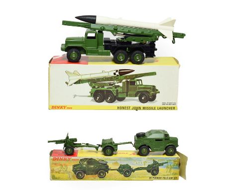 Dinky Military 665 Honest John Missile Launcher black plastic platform and plastic hubs and 697 25 pounder Field Gun Set with