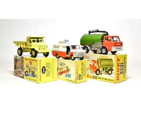 Dinky 965 Euclid Rear Dumper with windows in colour picture box, 451 Johnston road sweeper and 287 Police accident unit (box 