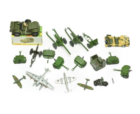 French Dinky 810 Military Command Car (E, lacks canopy, box E-G) Dinky two Spitfires camouflage white black/white underside (