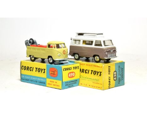 Corgi 490 Volkswagen Breakdown Truck (E box E) together with 420 Ford Thames Airbourne Caravan (E box G-E) (2) 