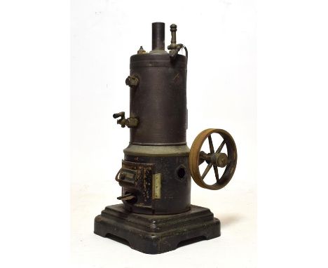 Marklin Live Steam Engine vertical boiler with single fixed cylinder and flywheel on tin base, small GM&amp;Cie plaque to sid