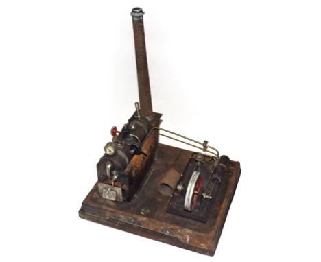 Doll &amp; Cie Stationary Steam Engine with horizontal boiler mounted on brick embossed support and chimney, connected to sin
