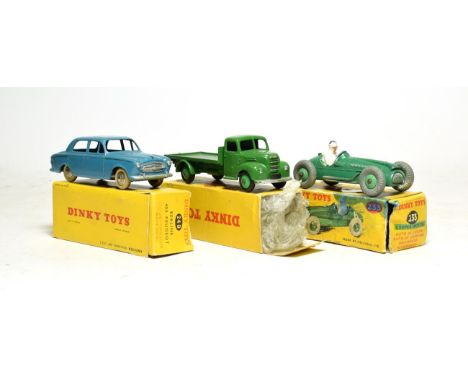 French Dinky 24B Peugeot 403 (E-G box F-G, faded); Dinky 422 Fordson flat truck (G-E box F-P, lacks both ends) and 233 Cooper