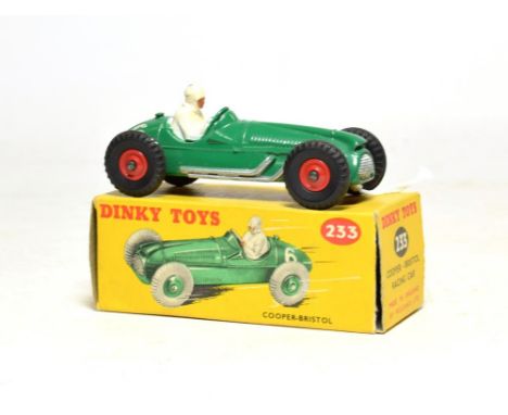 Dinky 233 Cooper Bristol Racing Car red plastic hubs (E-G, chip to drivers head, box G)