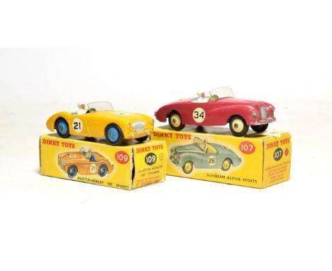 Dinky 107 Sunbeam Alpine cerise and 109 Austin Healey yellow (both E-G boxes G) (2)