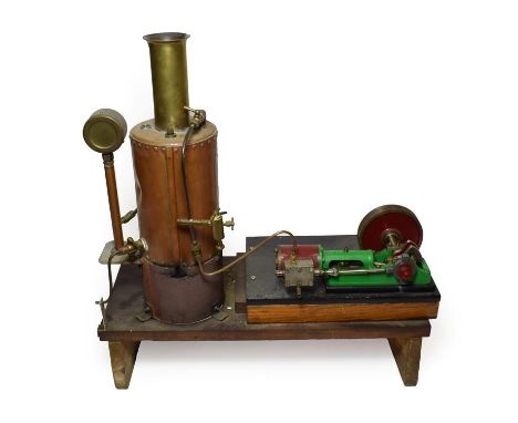 Live Steam Stationary Engine with large vertical boiler 17'', 43 to top of chimney, with pressure gauge and water level; conn