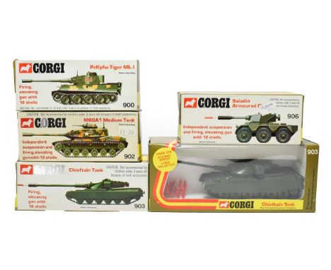 Corgi Military 900 Tiger I, 902 M60A1, 2x903 Chieftains (one in window box) and 906 Saladin armoured car (all E boxes E-G) (5