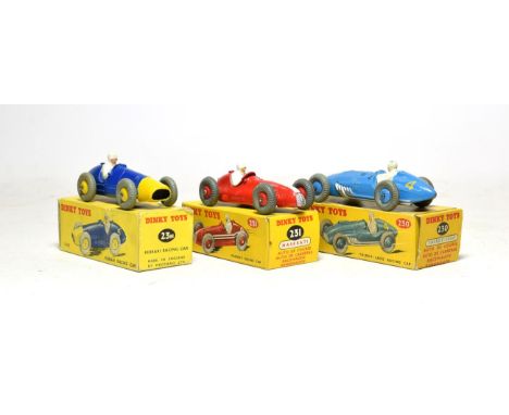 Dinky Racing Cars 23h Ferrari, 230 Talbot Lago (box G-F) and 231 Maserati (all E-G boxes G-E) (3)