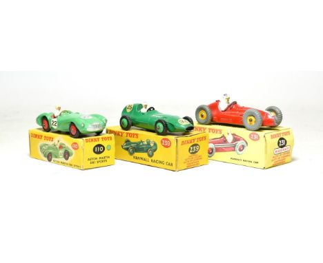 Dinky Racing Cars 110 Aston Martin DB3 (E-G box G) 239 Vanwall (G box F-G) and 231 Maserati (G-F, yellow plastic hubs, in rep