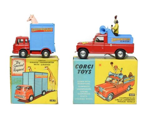Corgi Chipperfields Circus Two Models 503 Giraffe transporter and 487 Land Rover Parade Vehicle with card insert (both E boxe