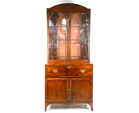 19th Century mahogany secretaire cabinet with bookcase over secretaire drawer and cupboard doors, on bracket base - 220cm x 1