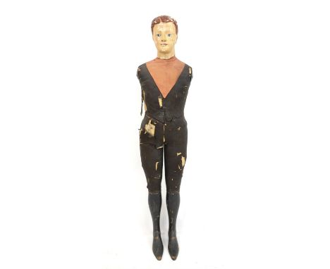 Antique French Stockman child mannequin, the head with glass eyes and having original wooden boots, c1880  1900, with makers 