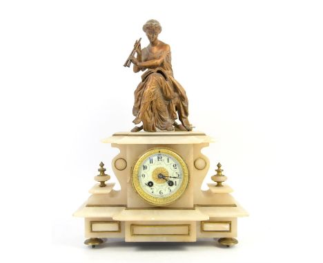 French alabaster mantel clock with spelter figure of a classical lady playing music, enamel Arabic numerals, two train moveme