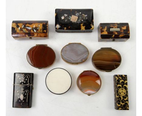 Collection of Tortoiseshell and other boxes  comprising  Etui with silver pique decoration 6cm high, snuff box with floral mo