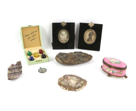 Collection of stones to include an ammonite, amethyst and a piece possibly a polished fragment of petrified wood, porcelain f