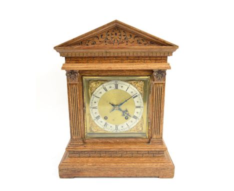 Oak bracket clock by Winterhalder and Hofmeier , Black Forest , architectural case, brass dial, silvered chapter ring signed 
