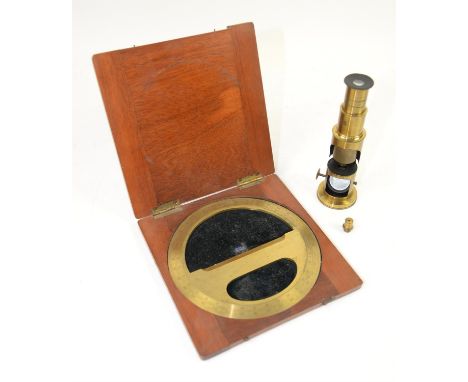 Gilt lacquered brass 360 degree protractor, signed `Cary, London`, diameter approx 15cm.and a monocular field microscope