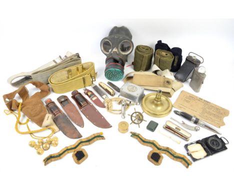 Collection of military equipment and medals, to include W&G (1932) Ltd gas mask, Fox Wellington Somerset FIP Patent puttees, 