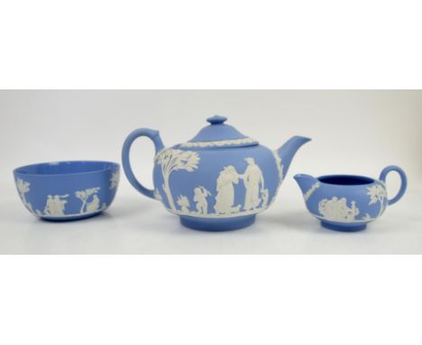 Wedgwood blue Jasperware teapot h13cm 23cm diam, cream jug and sugar bowl, impressed marks to base (3)Condition Report:  All 