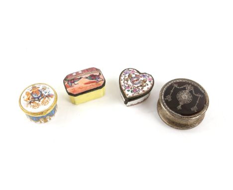 19th century enamel box decorated with pheasant  together with three others including a circular silver and tortoishell box