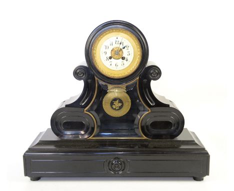 Large late 19th century black slate eight day mantel clock, enamel chapter ring with Arabic numerals, with gridiron pendulum,