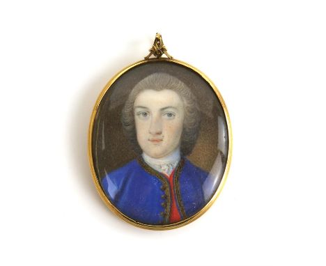 Miniature painting on ivory head and shoulders portrait of a gentleman wearing a wig and a blue jacket with gold brocade, no 