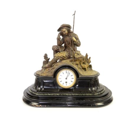 19th century black slate and marble mantel timepiece, with spelter figure 'The Eel Catcher', above white enamel dial, on plin