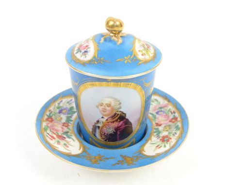 Early 19th century Sevres "Bleu Celeste" milk cup with cover and saucer, decorated with a portrait of Louis XVI, 10cm H.