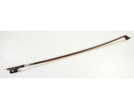 Hill Cello bow with mother-of-pearl inlay and unmarked white metal mounts, stamped 'HILL', 71.5cm long,