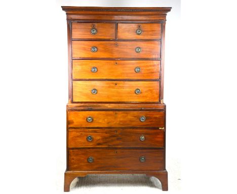 19th century mahogany tall boy, dentil cornice above two short over three long graduated drawers above a brush slide and a fu