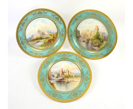 Three Minton plaques signed Woodhouse with painted views of  of Warwick Castle, Conway Castle, and Windsor Castle, within  je