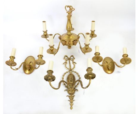 Brass five branch cenrer light with rams' head fittings, pair of similar wall sconces and a ribbon and scroll wall sconce
