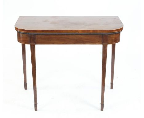 19th century mahogany and line inlaid fold-over card table on square tapering supports and spade feet - h76 x w92 x d45.5 cm 