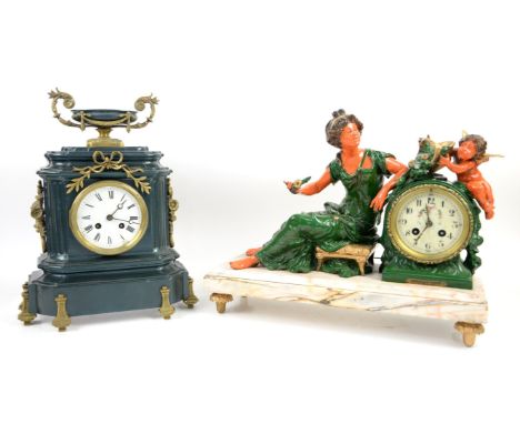 French marble and polychrome painted cast metal mantel clock with classical lady and cherub with basket of flowers, enamel di