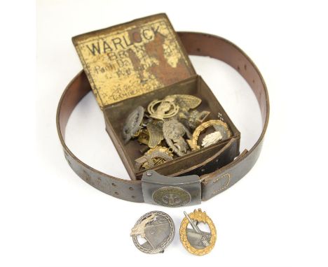 World War II Germany Army - Wehrmacht Heer Belt Buckle & Strap, Blockade Runner Badge, Coastal Artillery Flak Badge, together