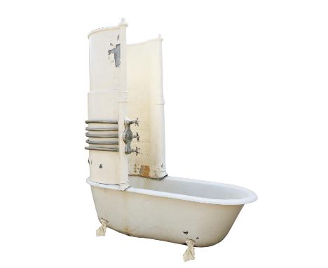 Victorian cast iron canopy shower bath on rams head bracket feet, the Nickel taps by Shanks & Co. for Hot, Cold, Shower, Spra