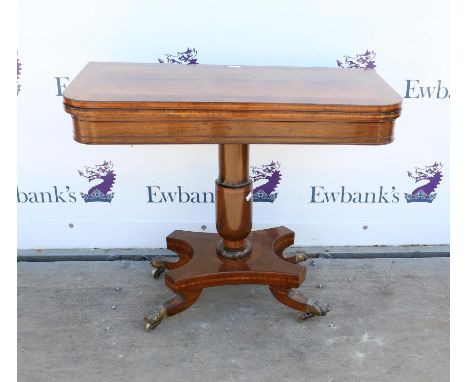 19th century rosewood and satinwood crossbanded fold-over card table, on turned column and quatrefoil base with castors, H76 
