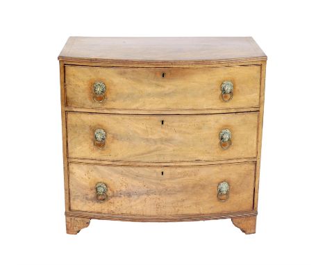 19th century mahogany bowfronted chest of three long graduating drawers on bracket feet, H87 x W92 x D52cm 