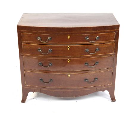 19th century mahogany bow fronted chest of four long graduated drawers on splayed bracket feet, h82.5 x w92.5 x d50cm,