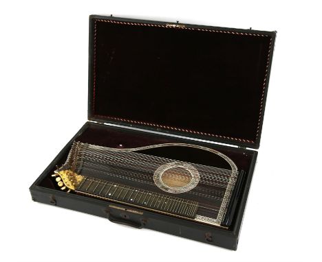 Early 20th century rosewood zither with ivory tuning pegs mother of pearl inlaid decoration - 56 cm long in fitted casePLEASE