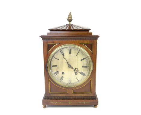 Regency style mahogany and brass inlaid bracket clock, the silvered dial with Roman numerals, the two train movement stamped 