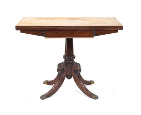 Regency mahogany fold-over card table, on turned column and quatrefoil base, H69 x W92 x D45cm 