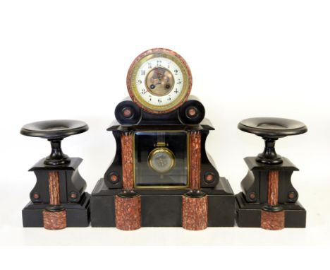 Late 19th century French black slate and variegated marble clock garniture, enamel chapter ring with Arabic numerals, visible