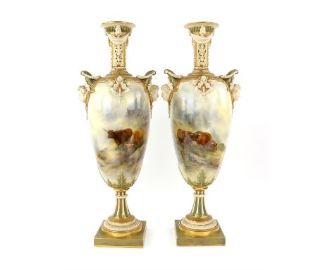 Royal Worcester pair of urn vases, painted by John Stinton with highland cattle scenes, with applied swags, ties and mask han