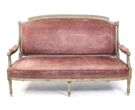 19th century French painted sofa, with carved decoration on turned and reeded legs, H101 x W162 x D64cm 