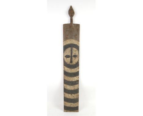 Carved wooden spirit board, Papua New Guinea, possibly Sepik, of rectangular form with head finial, painted with mask and bla